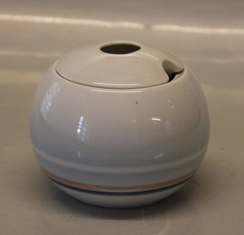 Sahara  523 Marmelade jar with lid 9 x 10 cm B&G White base, brown and blue 
lines