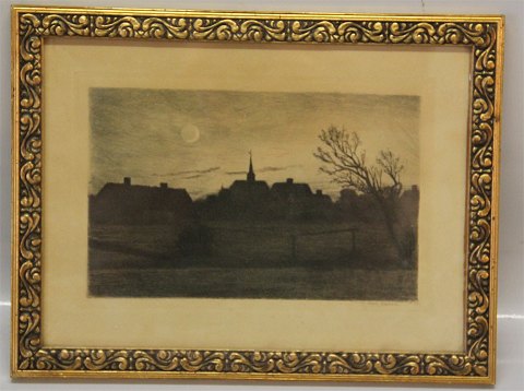 Evening mood - Etching by Carl Locher 1851-1915 Measures ca 24.5 x 32 cm 
including original golden frame
