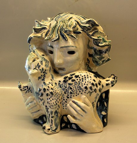 Royal Copenhagen Art Pottery Unique - Girl with cat Helge Christoffersen  ca 33 
x 26 cm