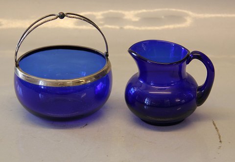 Old Blue Glass  Sugar bowl with Silver mounting 830 S Svend Toxvaer and Creamer
