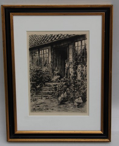 Etching: Peder Moensted 1903 On the steps outside - exterior 39 x 28 cm 
Including  træramme