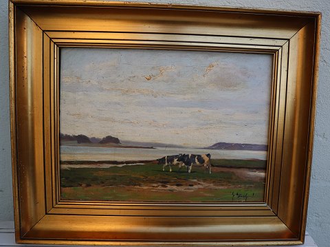 Gunnar Bundgaard Maleri: Græssende køer ved Mariagerfjord 52 x 65 cm inklusiv 
original ramme