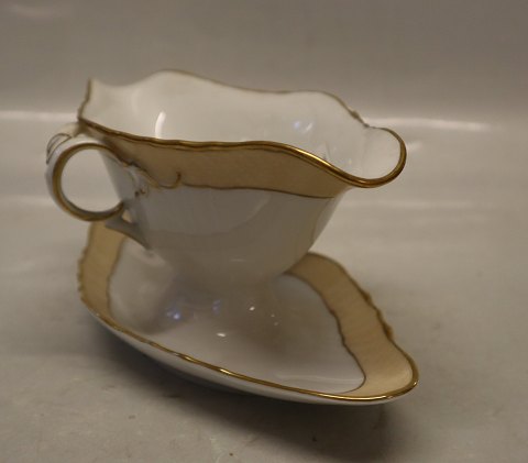 1650-688 Oval Sauceskål på fast fod med hank 25 x 10.5 cm Svejfet # 788 med beige kant og guld  